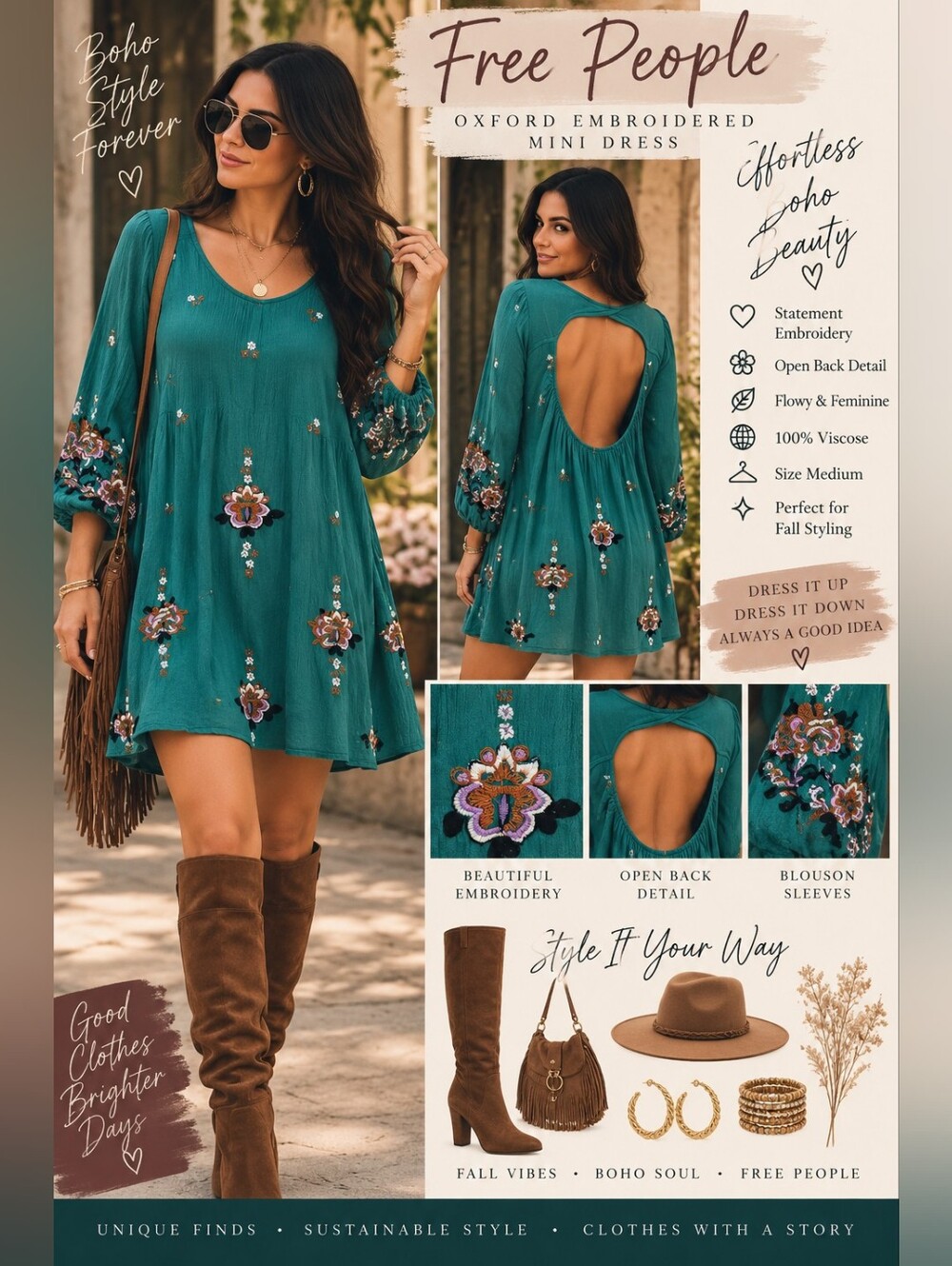 FREE PEOPLE OXFORD EMBROIDERED MINI DRESS M TEAL OPEN BACK BOHO